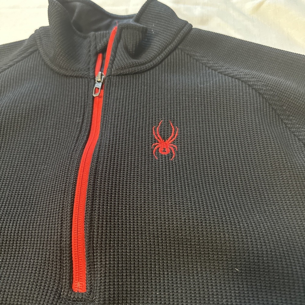 Spyder Men's 1/4 Zip Pullover, Heavyweight Black and Red Waffle Knit Size Medium - Picture 2 of 9